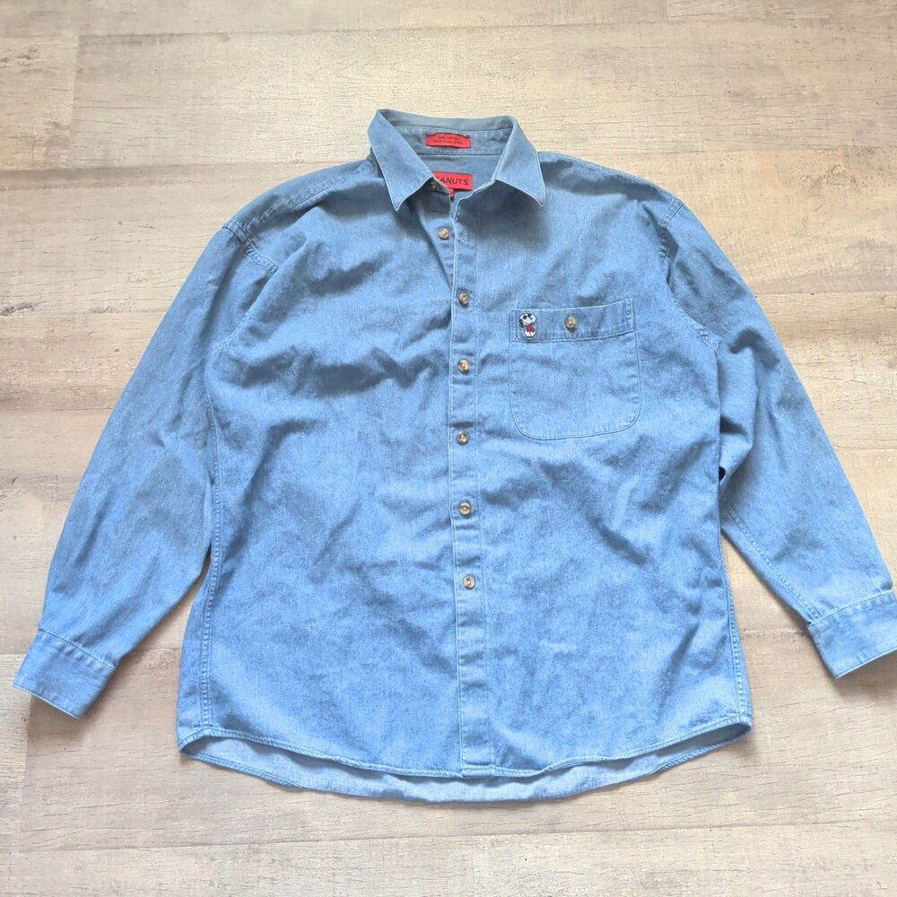 ​VTG Peanuts Snoopy Embroidered Denim Shirt Mens 16 32/33 Blue Long Sleeve 90s